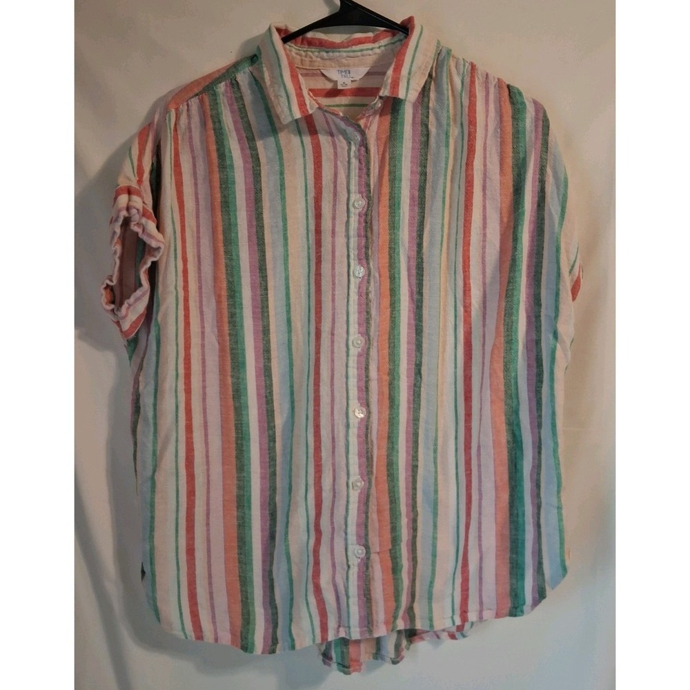 Blouse Shirt Womens  SM Linen Striped Cottagecore Vacation Time & Tru